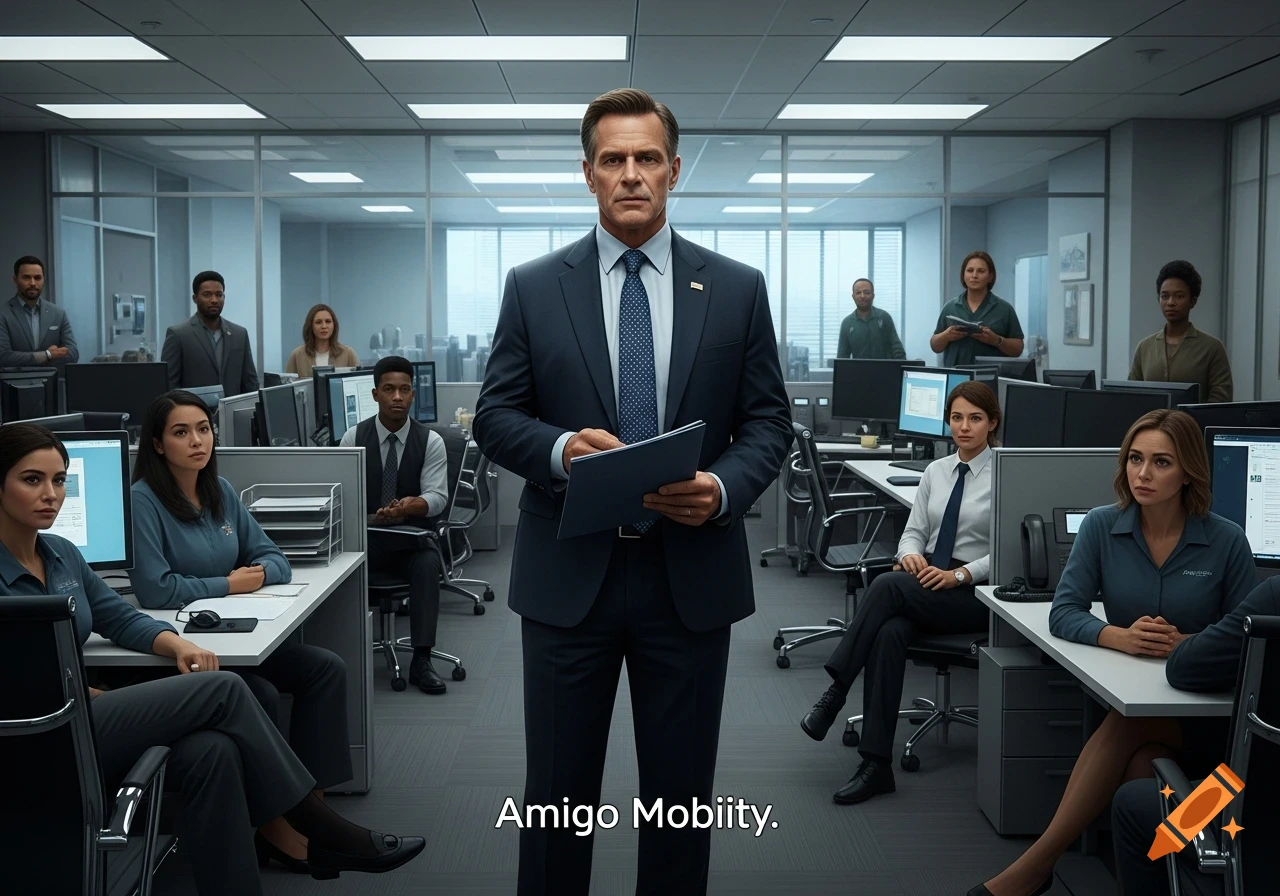 A man in a suit stands confidently in the center of a modern office, holding papers, surrounded by employees at their desks. Photorealistic style.