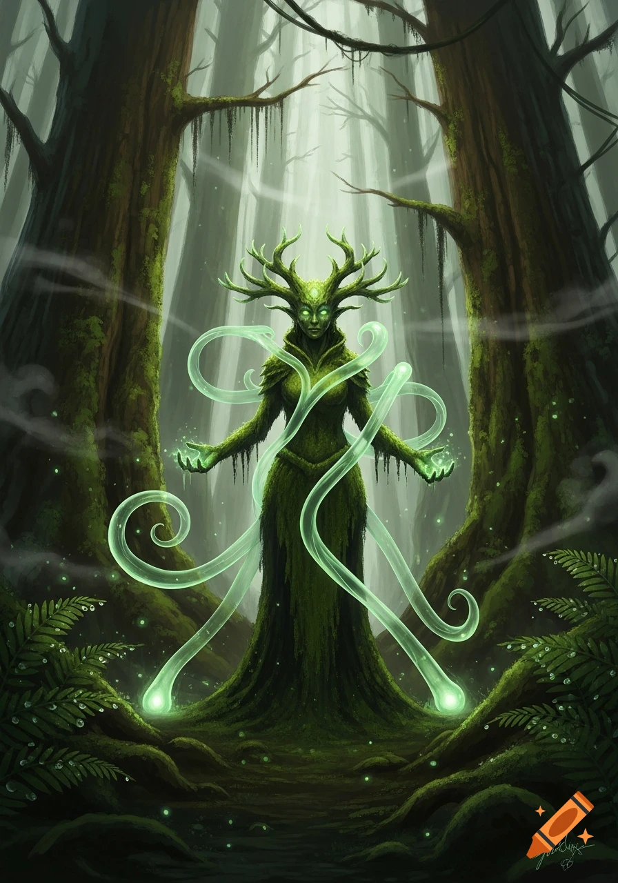 A moss-covered, antlered druid with glowing green eyes and tendrils ...