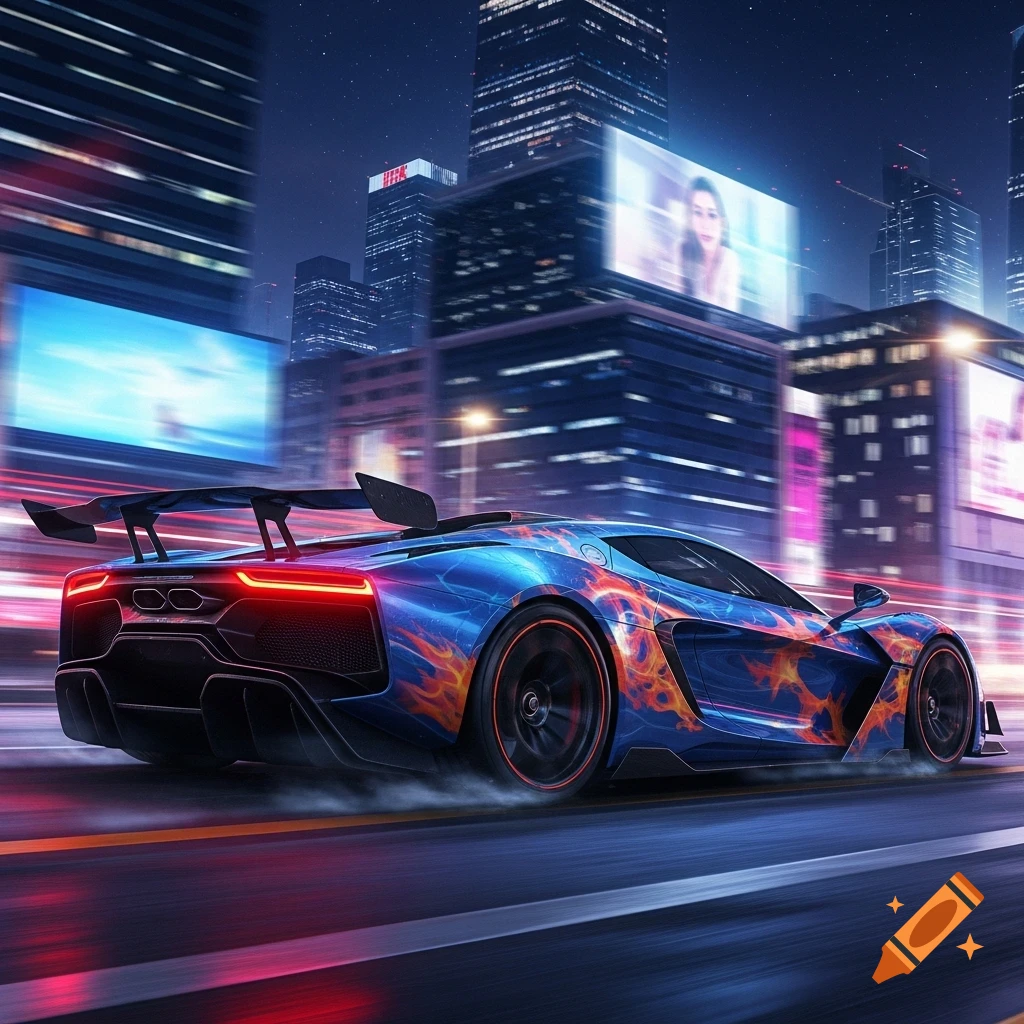 A blue and orange flame-painted sports car speeds through a neon-lit futuristic city at night, leaving a trail of motion blur.