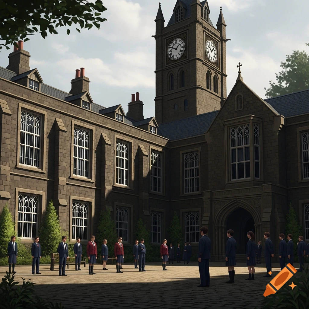 A formal courtyard of a traditional stone school building with a prominent clock tower, where students in uniforms stand in rows.