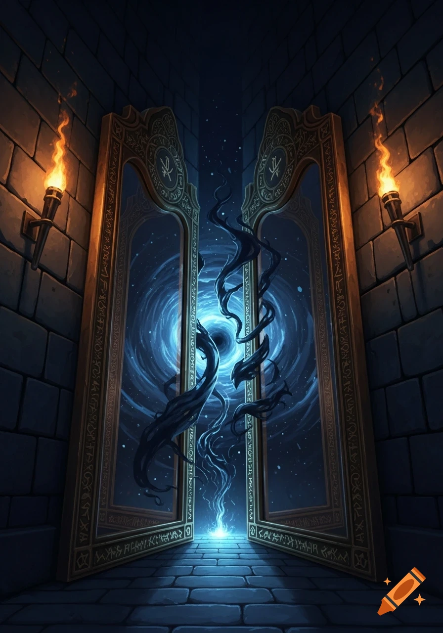 Ornate mirrors in a dark, stone dungeon form a glowing blue portal with swirling energy and dark tendrils, lit by torches. Fantasy art style.