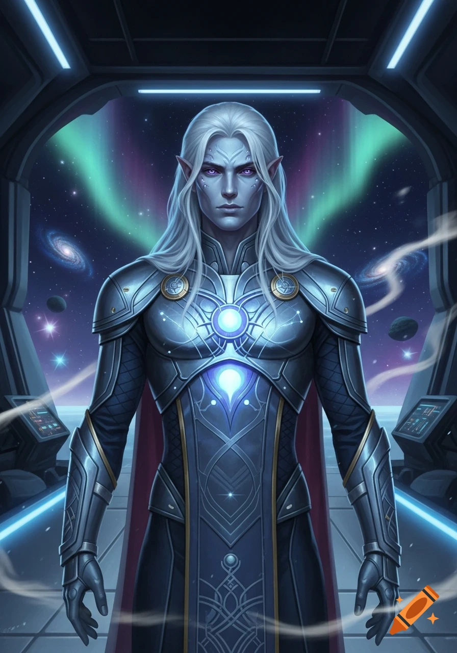 An alien man with long white hair, purple eyes, and pointed ears in futuristic armor stands in a spaceship looking at a starry night sky with an aurora.