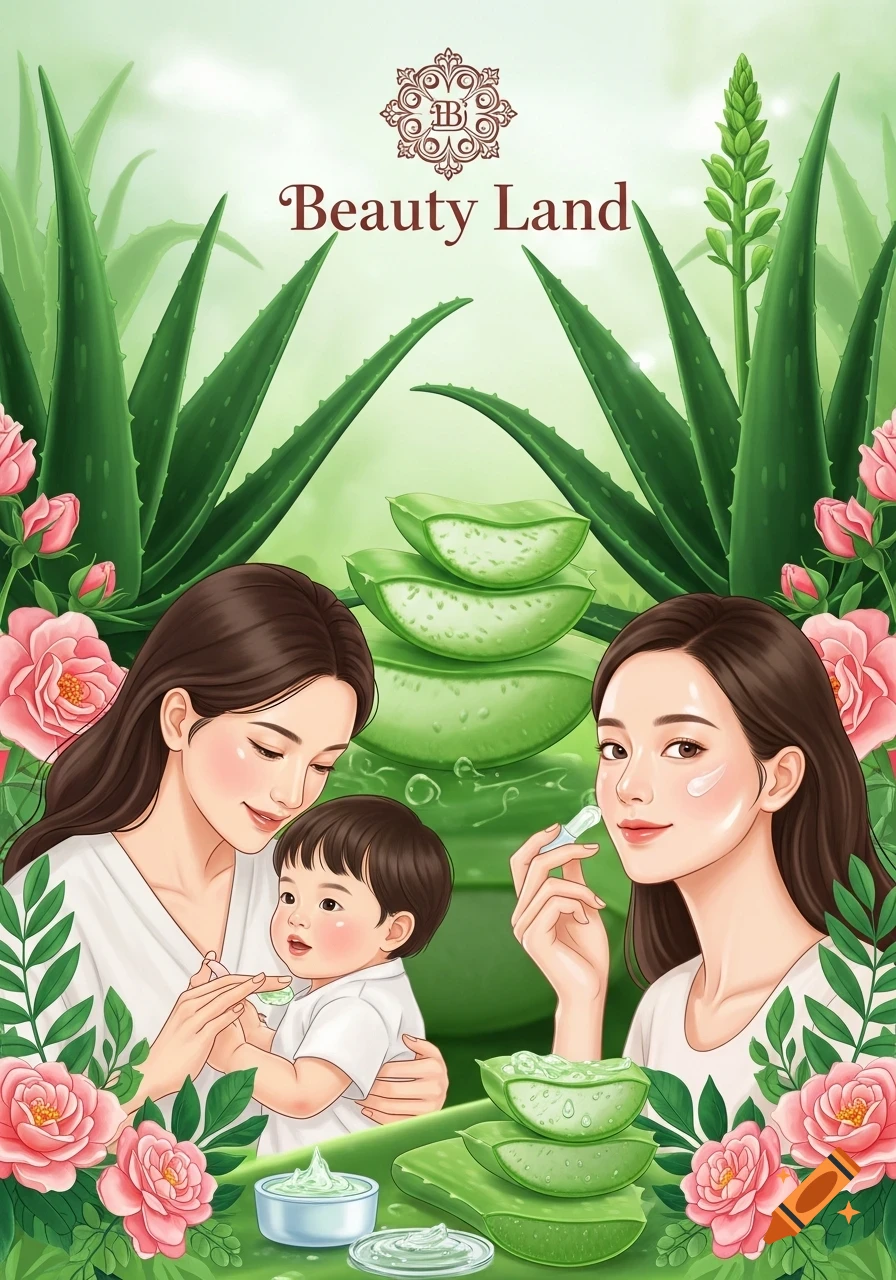 Illustrative scene of women and a baby using aloe vera products, framed by green plants and pink roses, with 'Beauty Land' text.