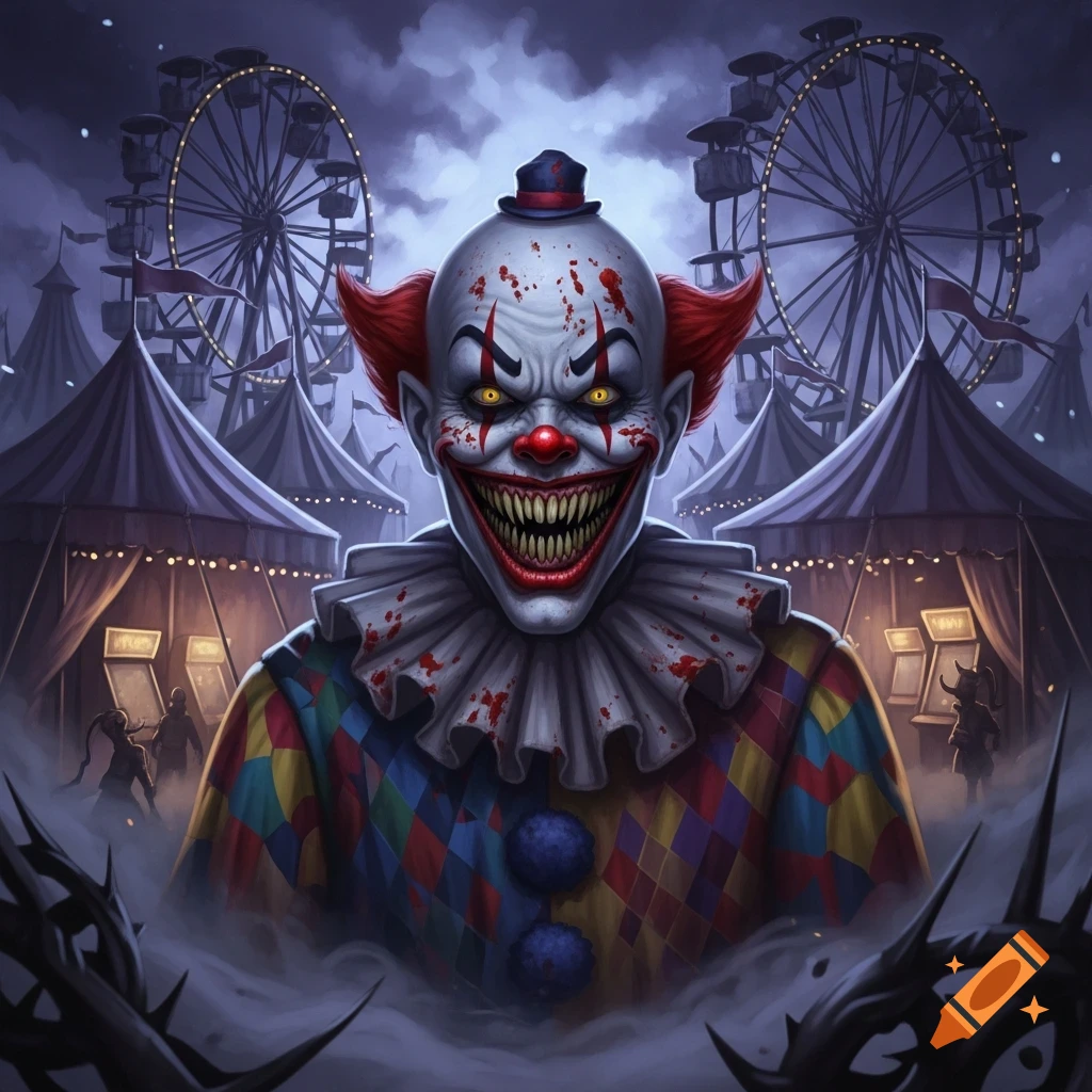 A terrifying clown with sharp teeth, glowing eyes, and blood spatter grins ominously amidst a foggy, dark carnival.