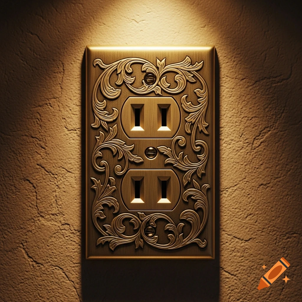 An ornate gold electrical outlet cover with intricate scrollwork, mounted on a textured wall and lit from above.