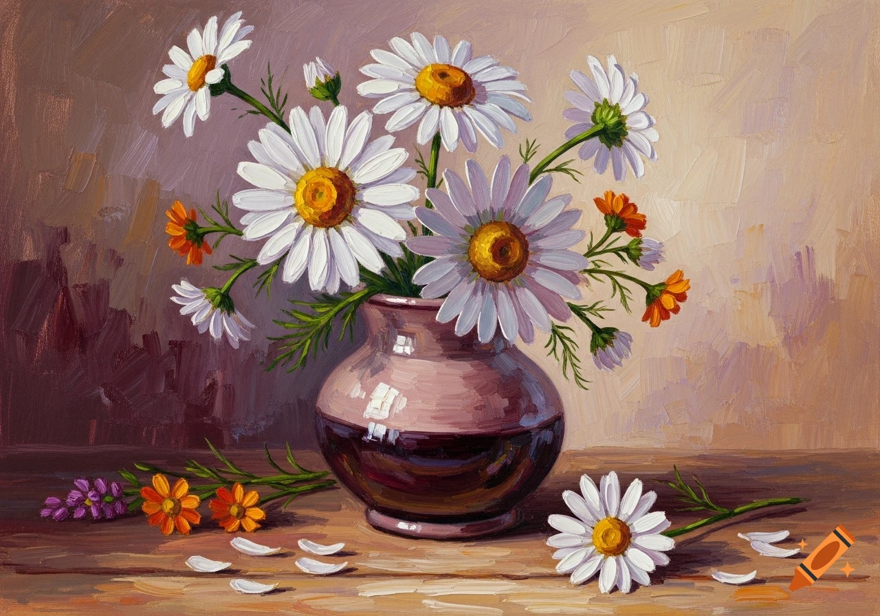 Expressive oil painting of white daisies and orange wildflowers in a dark lilac pink ceramic vase on a wooden table, with fallen petals.