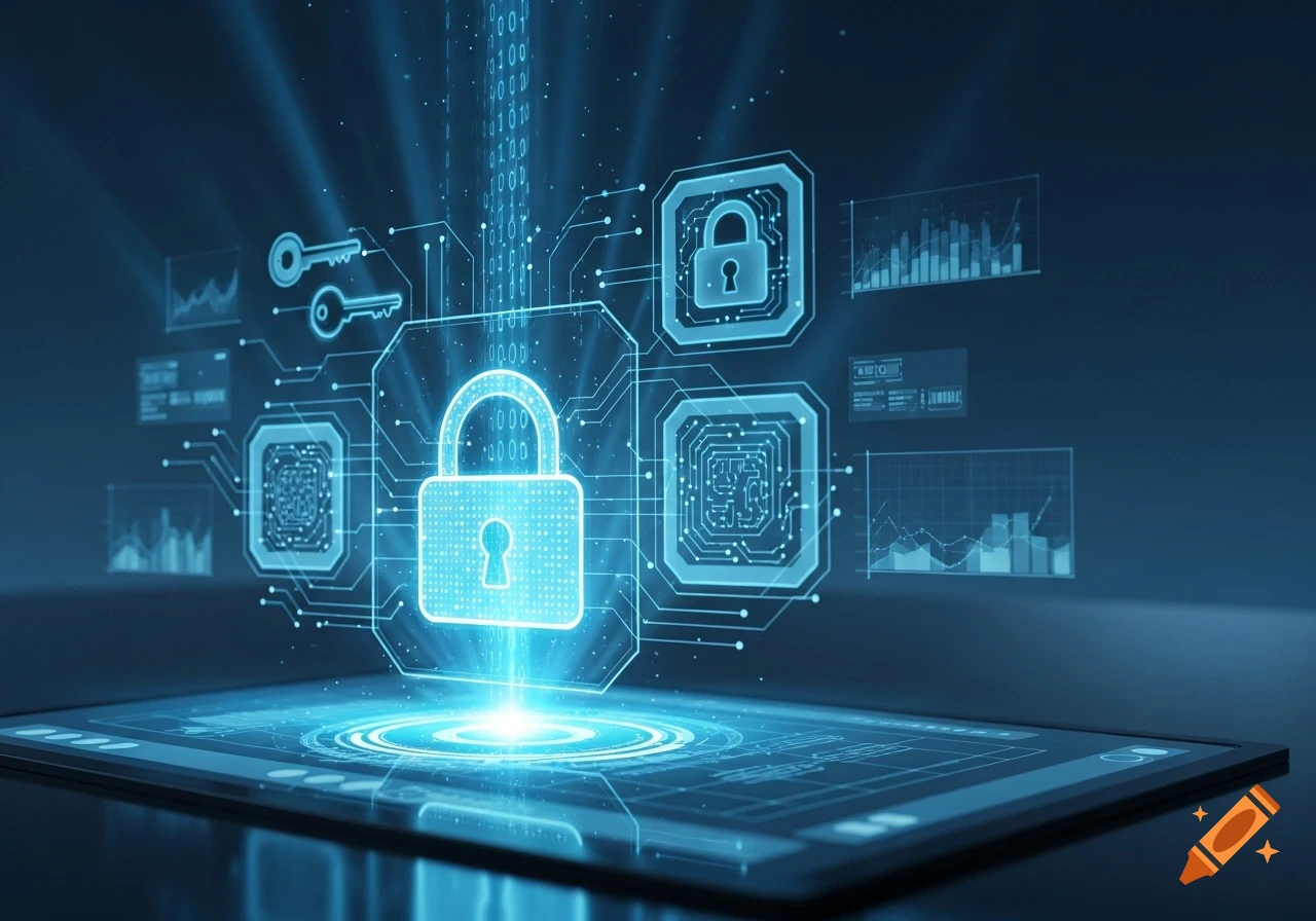 A glowing blue padlock stands over a digital tablet, surrounded by circuit board patterns, keys, data streams, and holographic charts, representing cybersecurity.