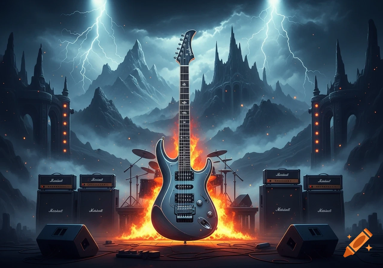 An electric guitar on fire stands center stage amidst a stormy, lightning-filled mountain landscape with a drum set and amplifiers.