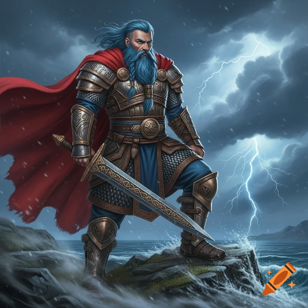 A powerful Viking warrior with a braided blue beard and a red cape stands on a rocky outcrop during a stormy lightning strike over the ocean, holding a sword.