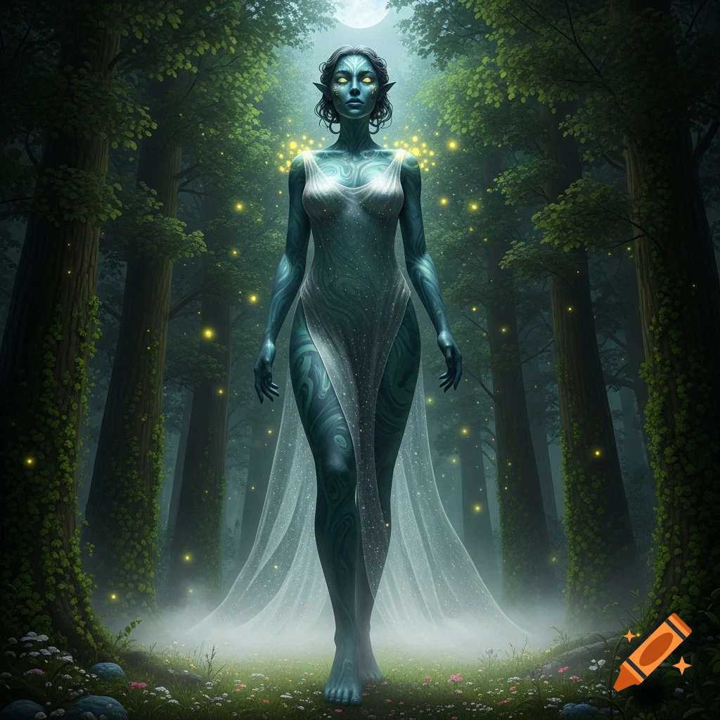 A blue-skinned, elf-like woman with glowing eyes in a sheer gown walks through a moonlit forest, surrounded by glowing particles.