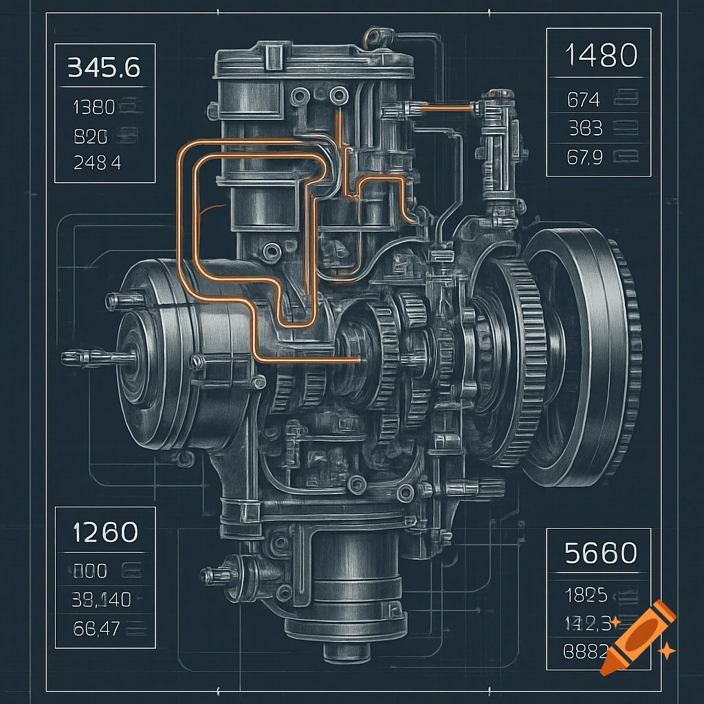 An engineering blueprint-style illustration of an engine on a dark background, with glowing orange tubes and various data labels.