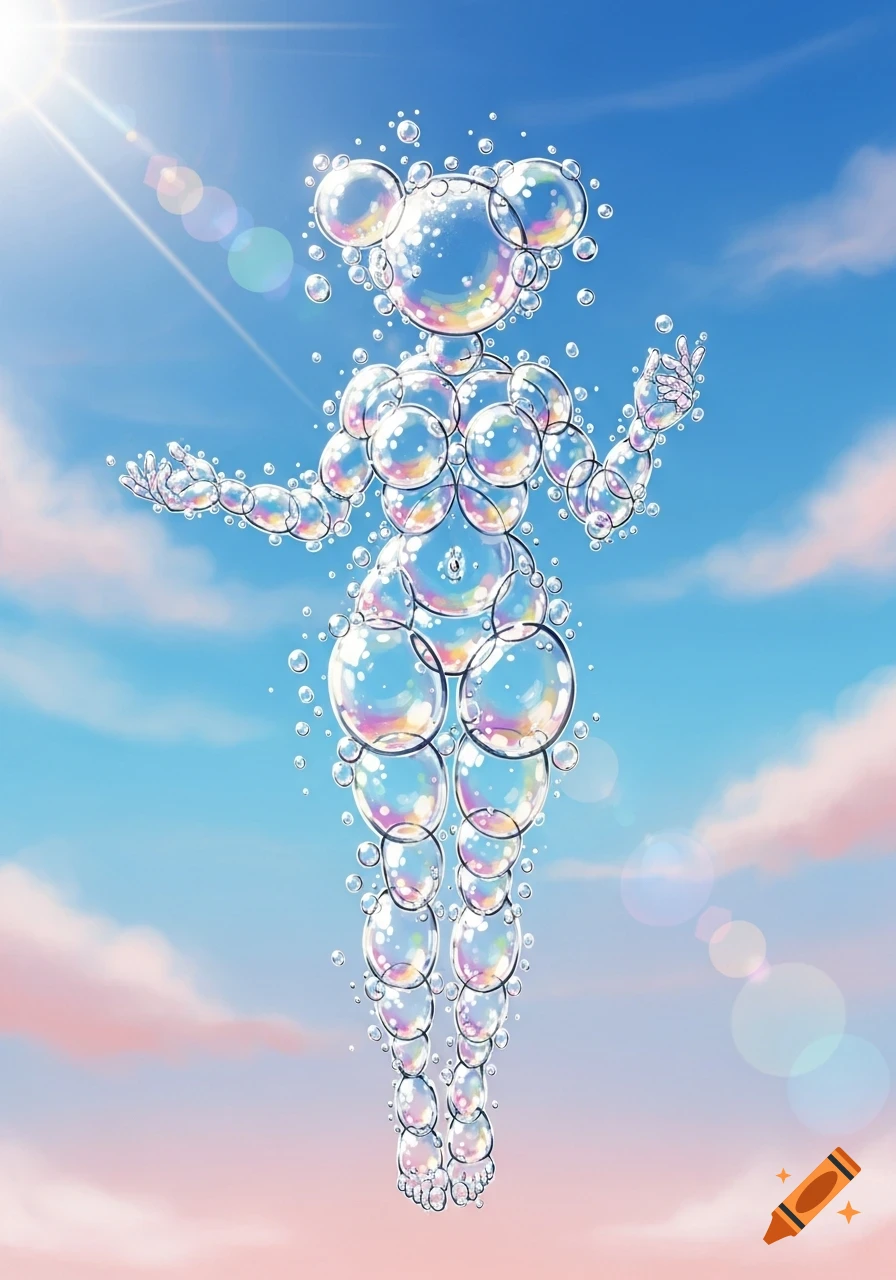 A female figure made entirely of iridescent bubbles floats against a bright blue sky with wispy clouds and a sun flare.
