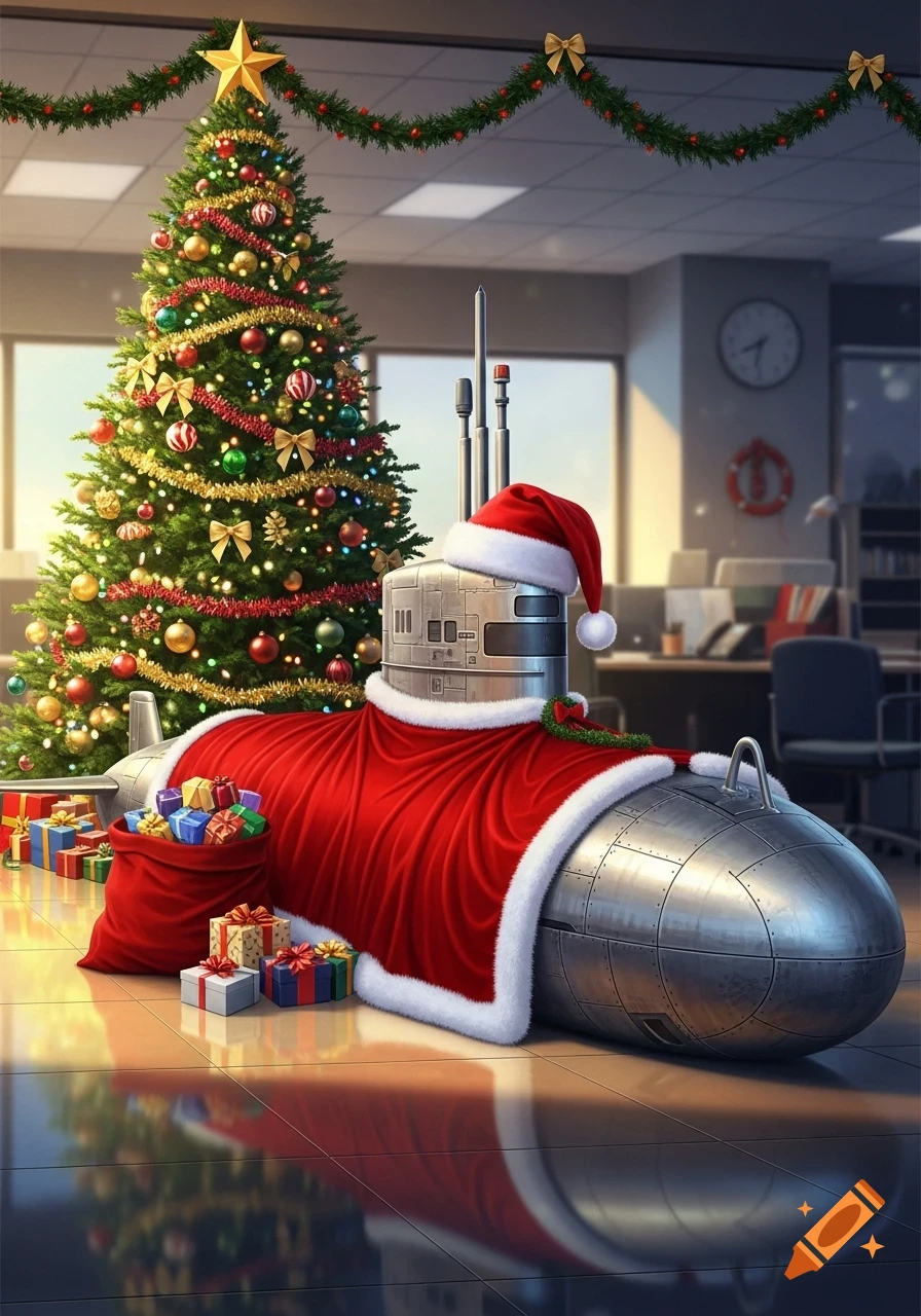 A US Navy Los Angeles Class Submarine wearing a Santa outfit, hat, and gift bag, in an office with a Christmas tree and presents.