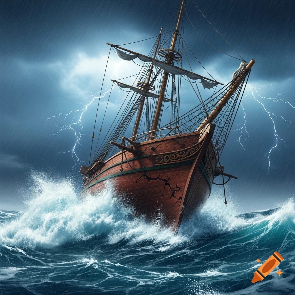A wooden sailing ship in a severe thunderstorm, battling crashing waves and lightning with cracks visible on its hull.