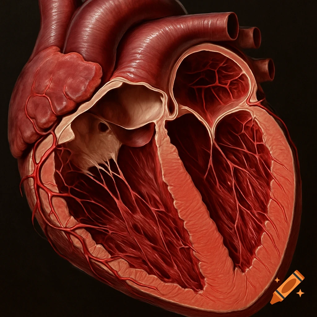 Detailed anatomical illustration of a human heart in cross-section, showing its internal chambers, valves, and vessels.
