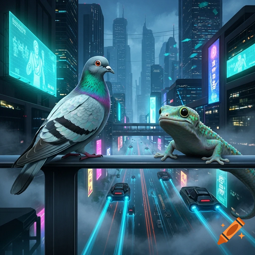 A photorealistic pigeon and gecko sit on a railing overlooking a futuristic city with flying cars and neon billboards.