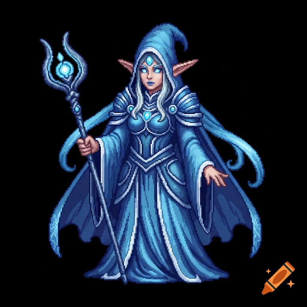 Pixel art of an elf mage in blue robes with a glowing staff and eyes.