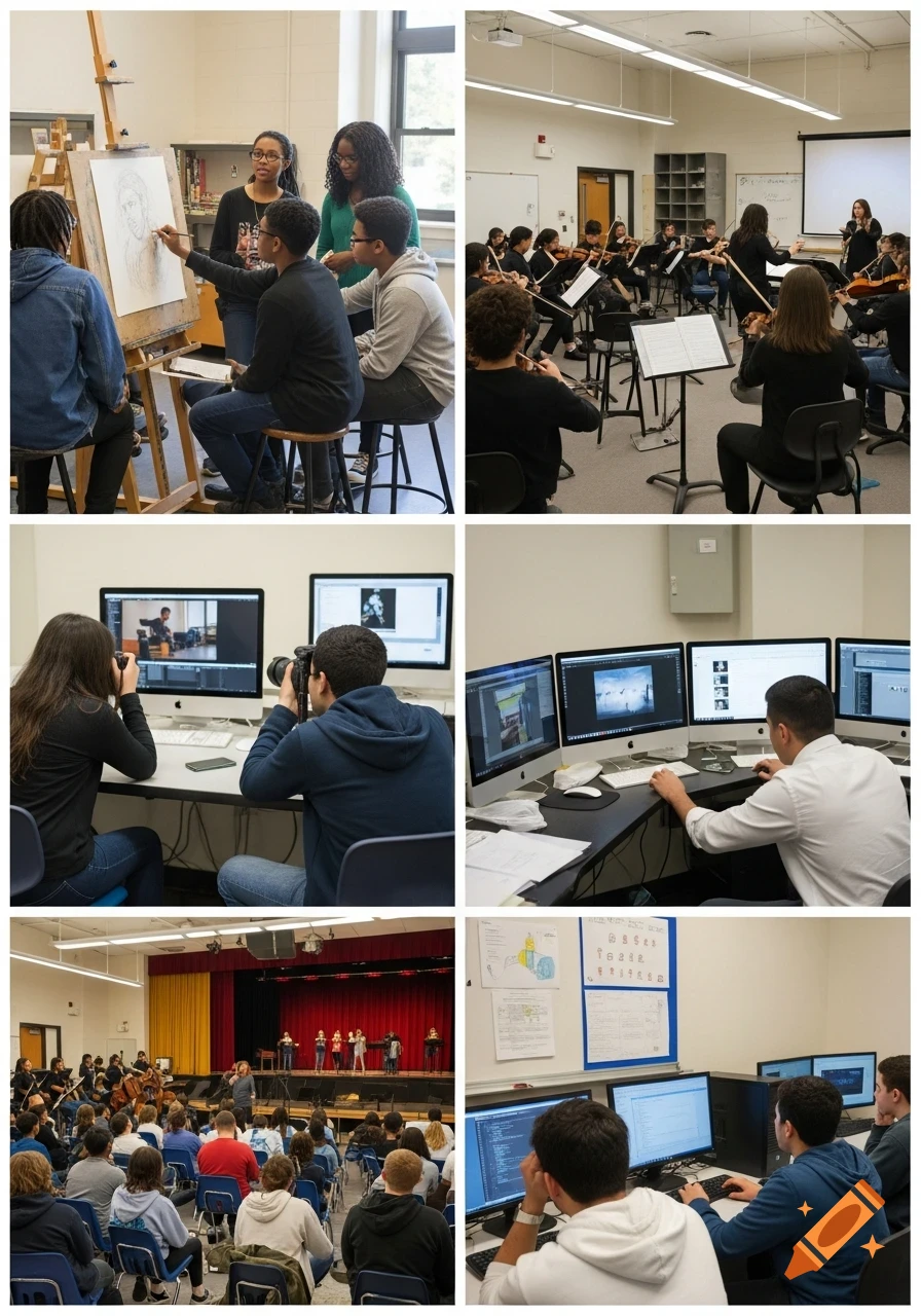 A collage showing high school students engaged in various activities: art, music, photography, theater, and computer science classes.