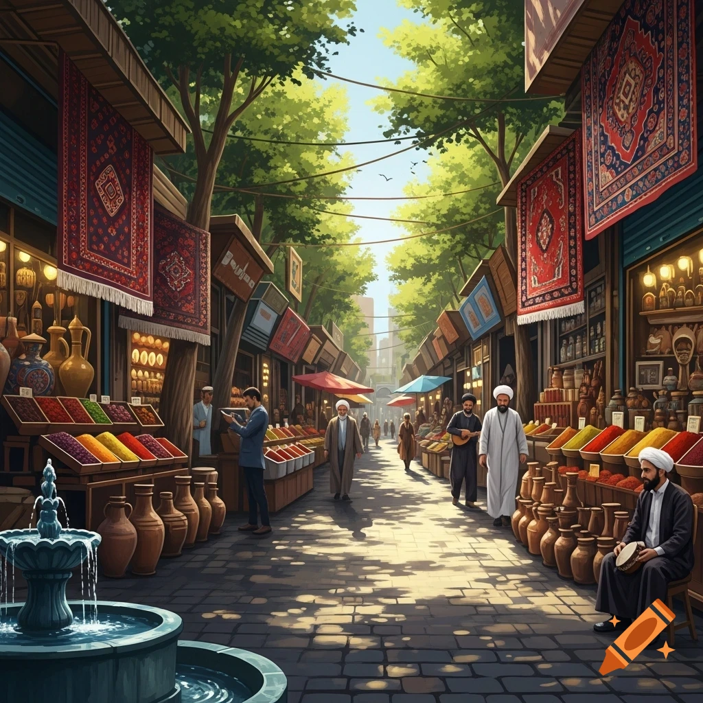 A vibrant outdoor market scene with a fountain in the foreground, bustling with people, colorful spices, and hanging rugs.