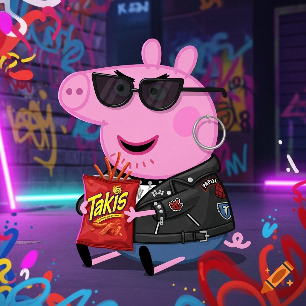 Cartoon Peppa Pig as a 'baddie' in sunglasses and a leather jacket, holding Takis against a neon graffiti background.