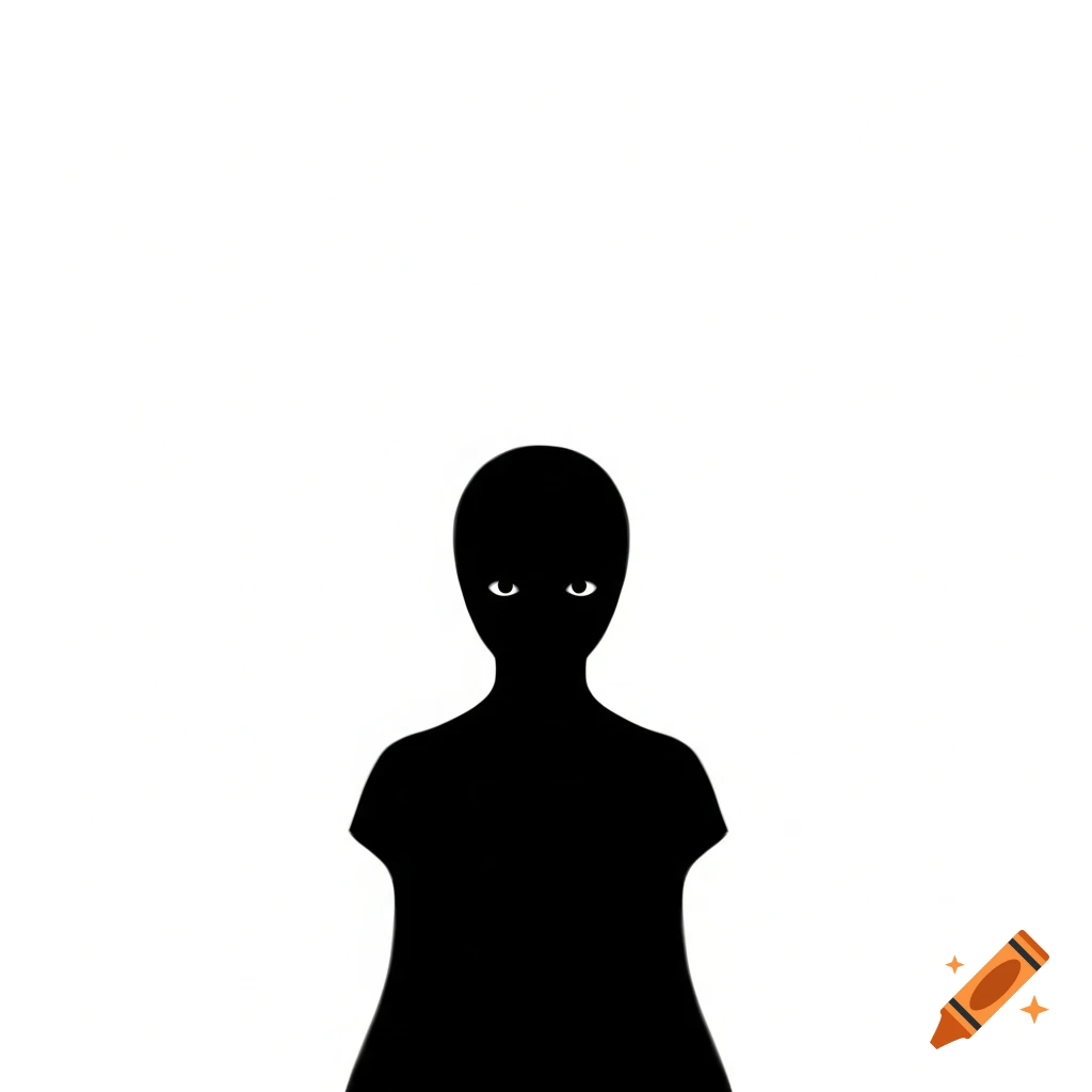 A minimalist black shadow figure with small white eyes stands against a stark white background.