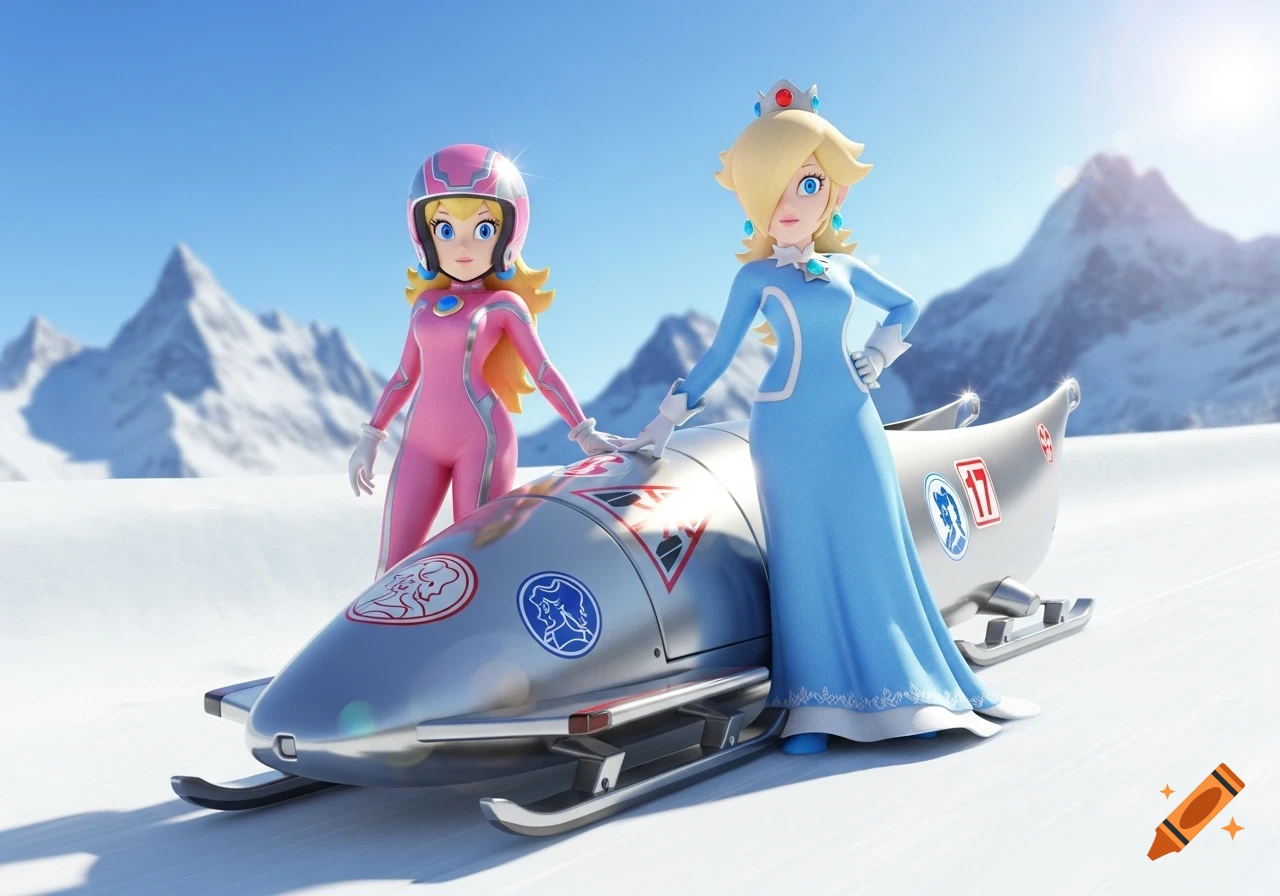 Princess Peach in a pink bobsled suit and Rosalina in a blue gown pose with a silver bobsled on a snowy mountain.