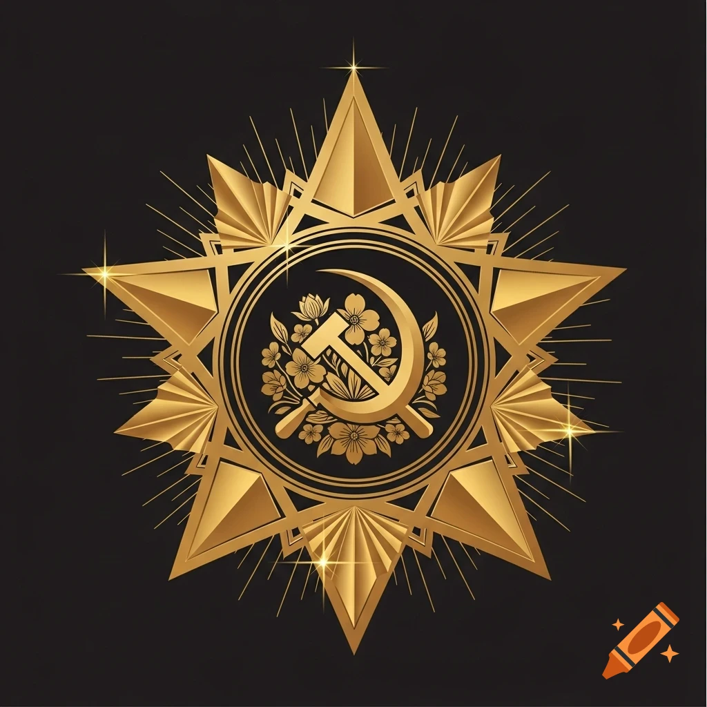 A golden seven-pointed star emblem with a hammer and sickle cutting ornate flowers in the center on a black background.