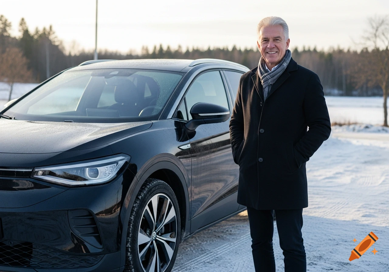 A smiling man with gray hair in a black coat and scarf stands next to a black Volkswagen ID.4 Pro SUV in a snowy winter landscape.