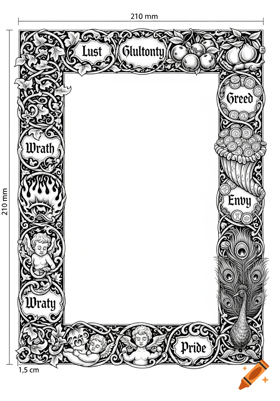 Detailed black and white ornamental border in medieval illuminated manuscript style, depicting the seven deadly sins with cherubs, fruit, and animals.