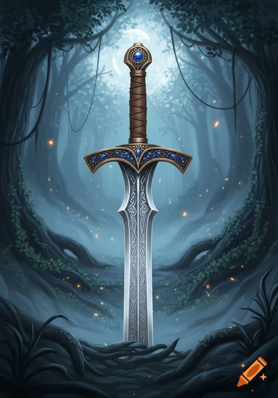 An ornate fantasy sword with blue gems stands upright in a dark, mystical forest under a full moon.