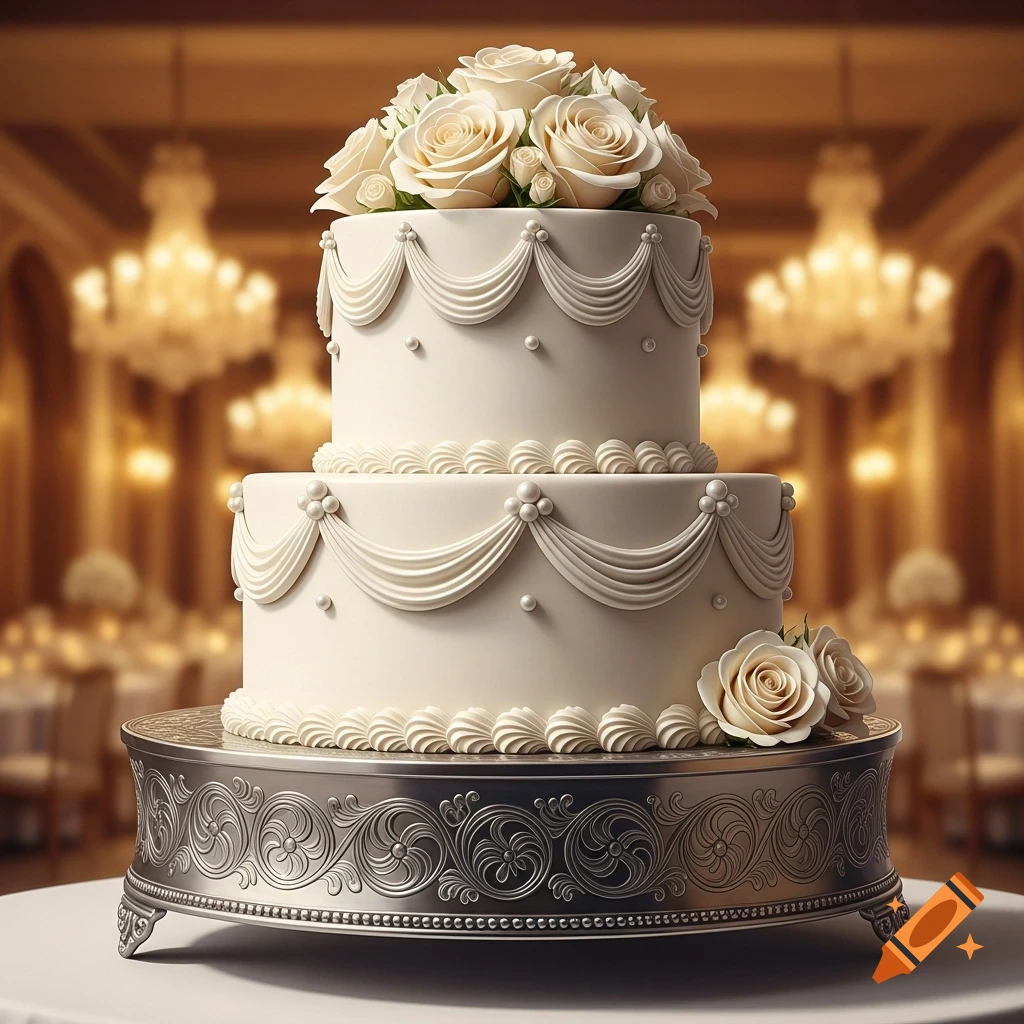 Elegant two-tier white wedding cake with white roses and delicate frosting, on a silver stand in a grand ballroom setting.