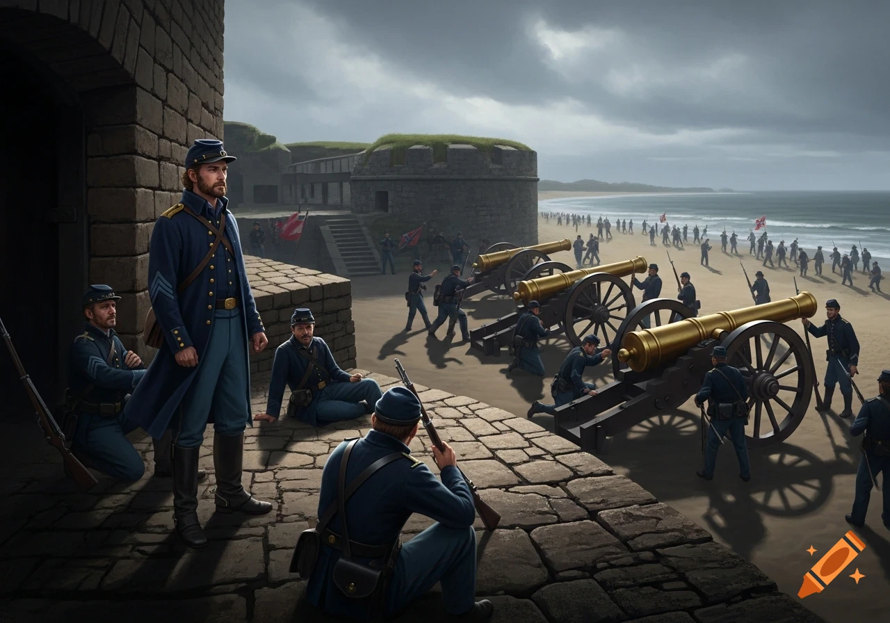 Photorealistic image of Union soldiers preparing cannons at a coastal fort, with Confederate soldiers visible on the beach in the distance.