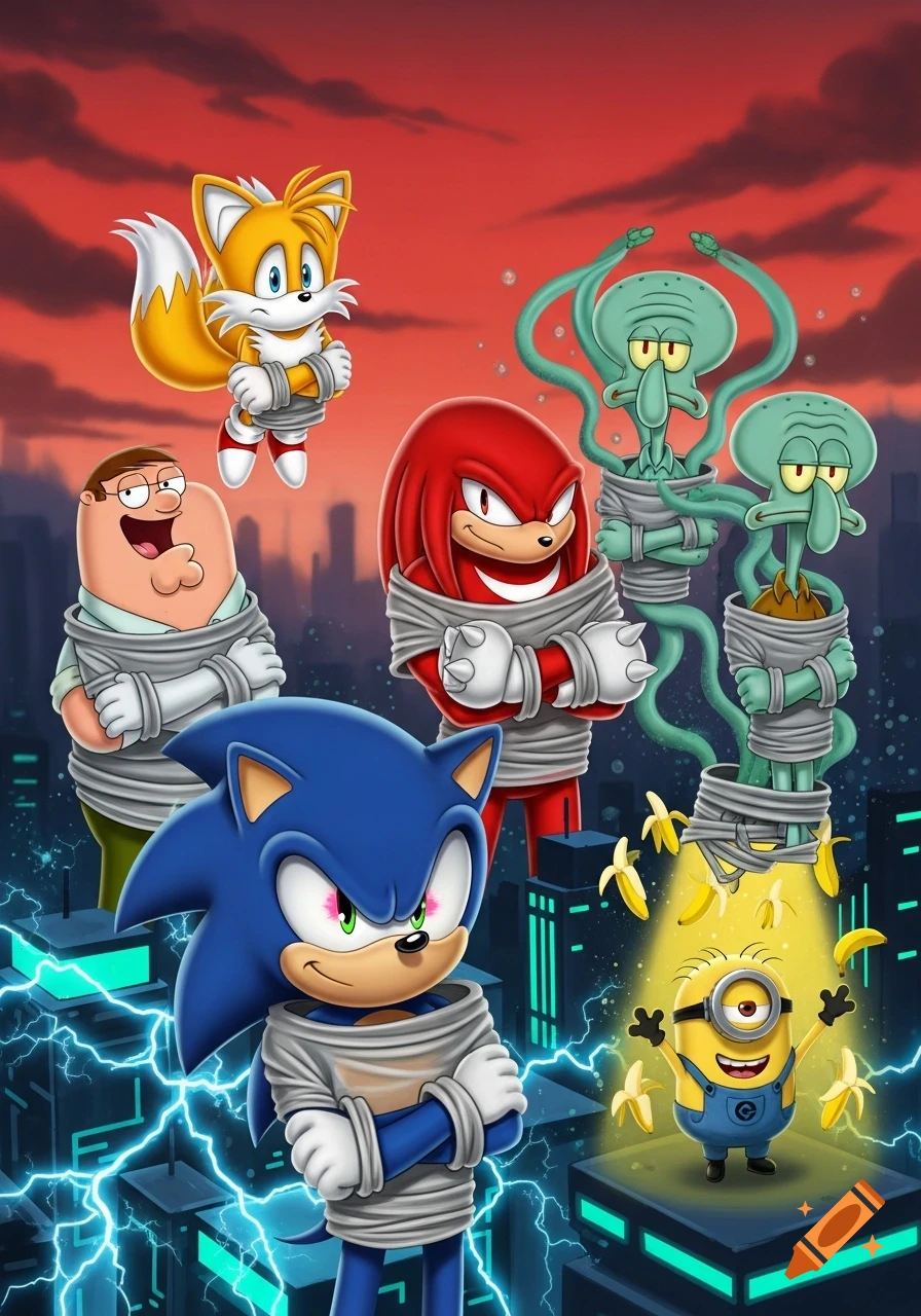 Cartoon characters Sonic, Tails, Knuckles, Peter Griffin, Squidward, and a Minion, all wrapped in bandages, stand in a glowing futuristic city.