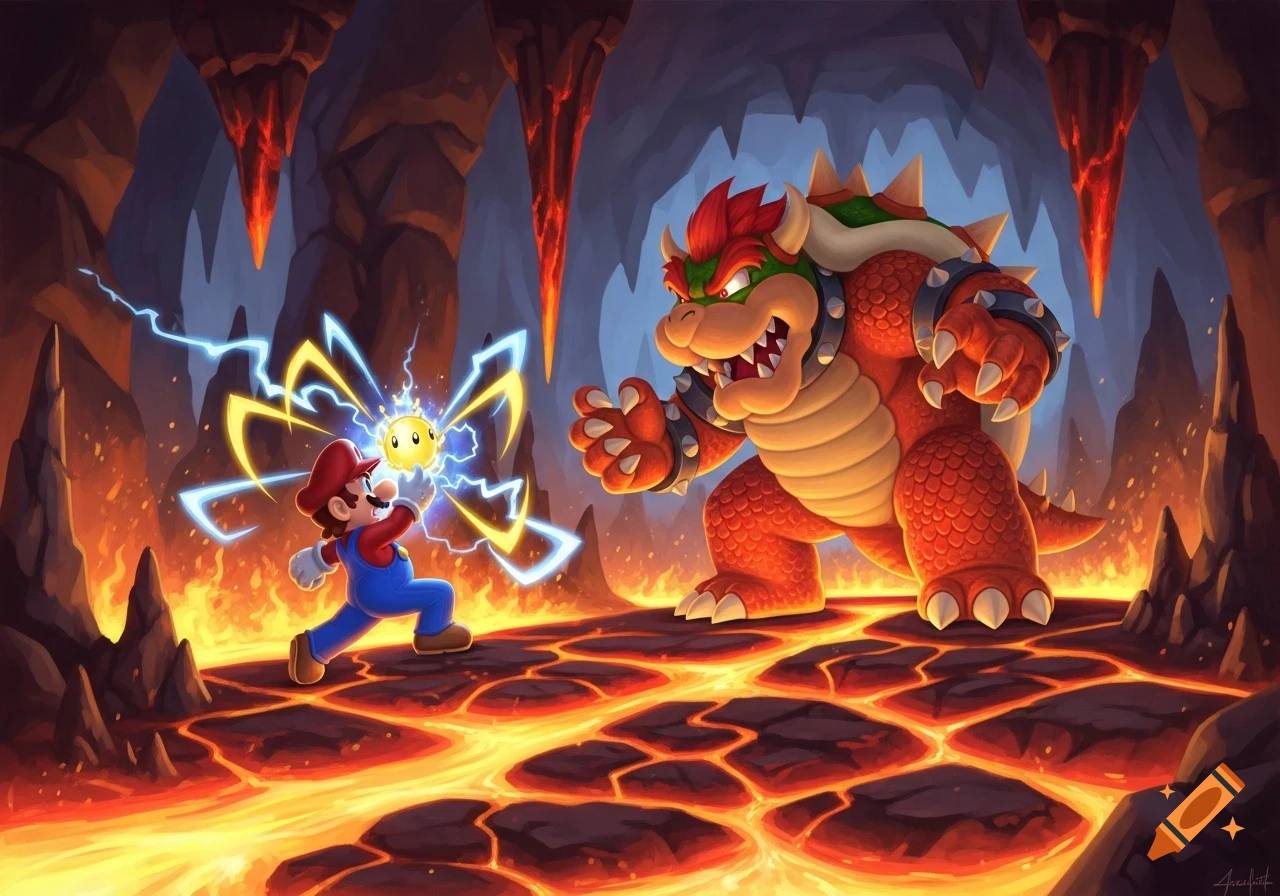 Mario battles a giant Bowser in a vibrant, cartoonish illustration set in a fiery, lava-filled cave, with Mario wielding electric power.