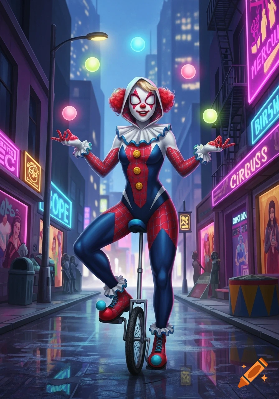 A stylized illustration of Spider-Gwen as a clown on a unicycle, juggling glowing orbs on a rainy city street at night, surrounded by neon signs.