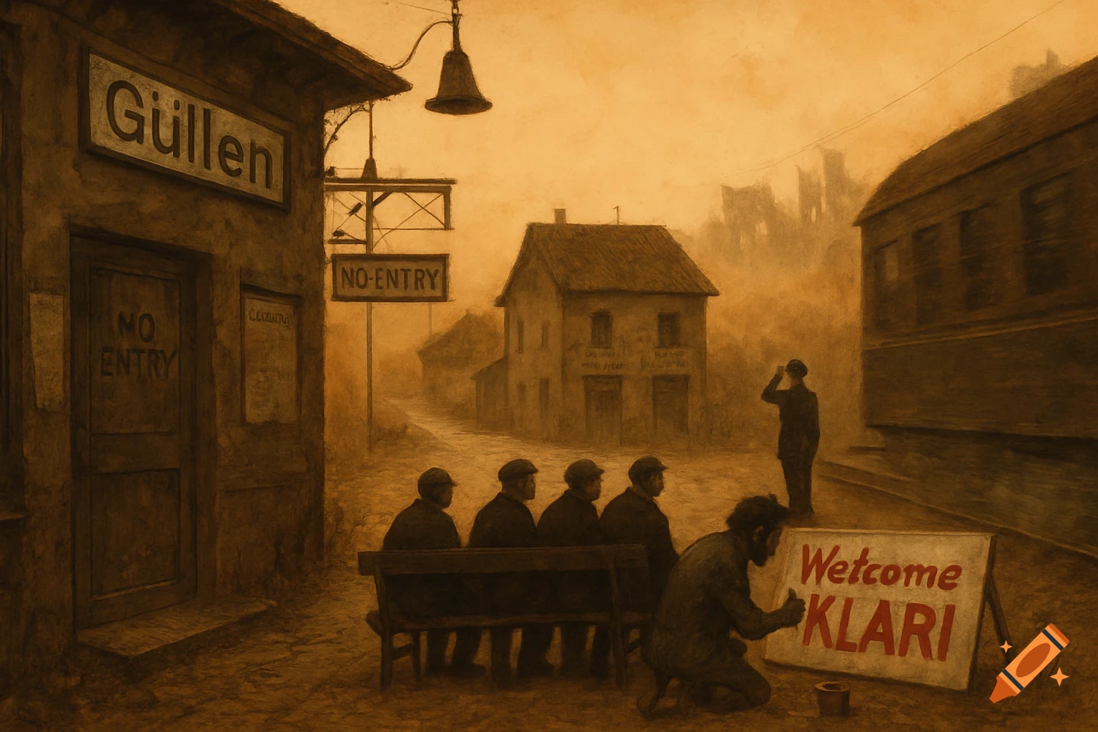 A desolate, sepia-toned painting of a rundown train station named 'Güllen' with 'NO-ENTRY' signs. Men sit on a bench while one paints 'Welcome KLARI' on a sign. A man salutes in the distance near a train.