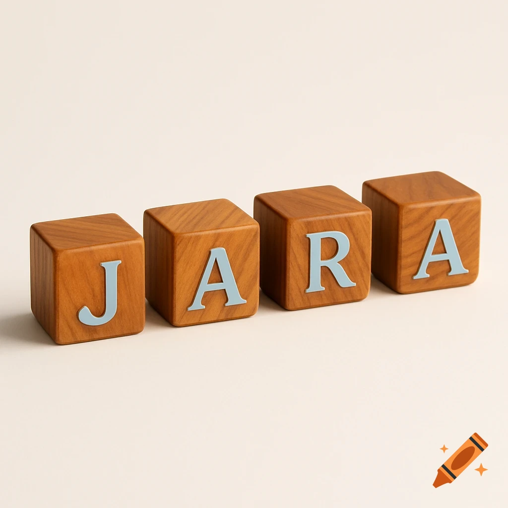 Four light brown wooden alphabet blocks spell 'JARA' with light blue letters on a pale background.