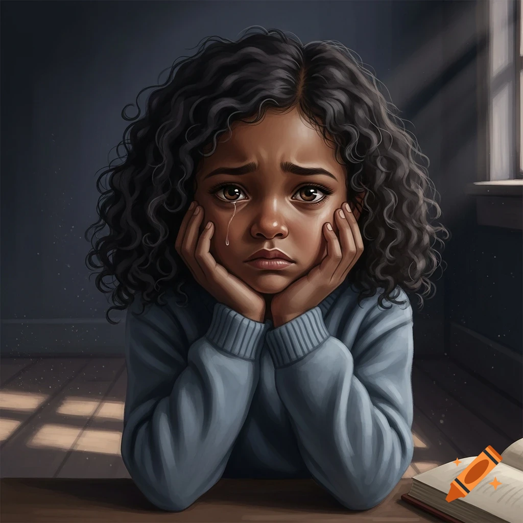 Illustrative portrait of a sad little black girl with curly hair, crying and resting her face in her hands, in a dim room.