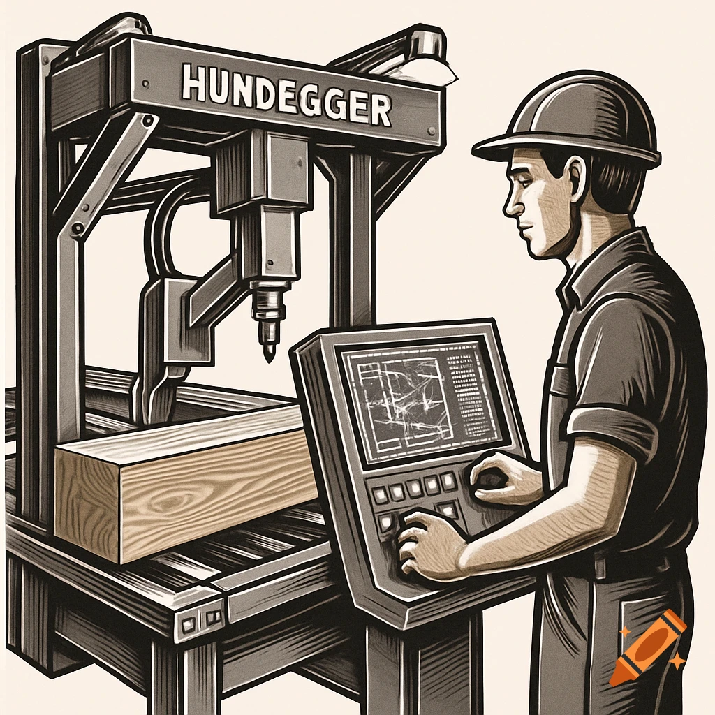 An illustration shows a worker operating a CNC machine to process a wooden beam. The machine has "HUNDEGGER" written on it.