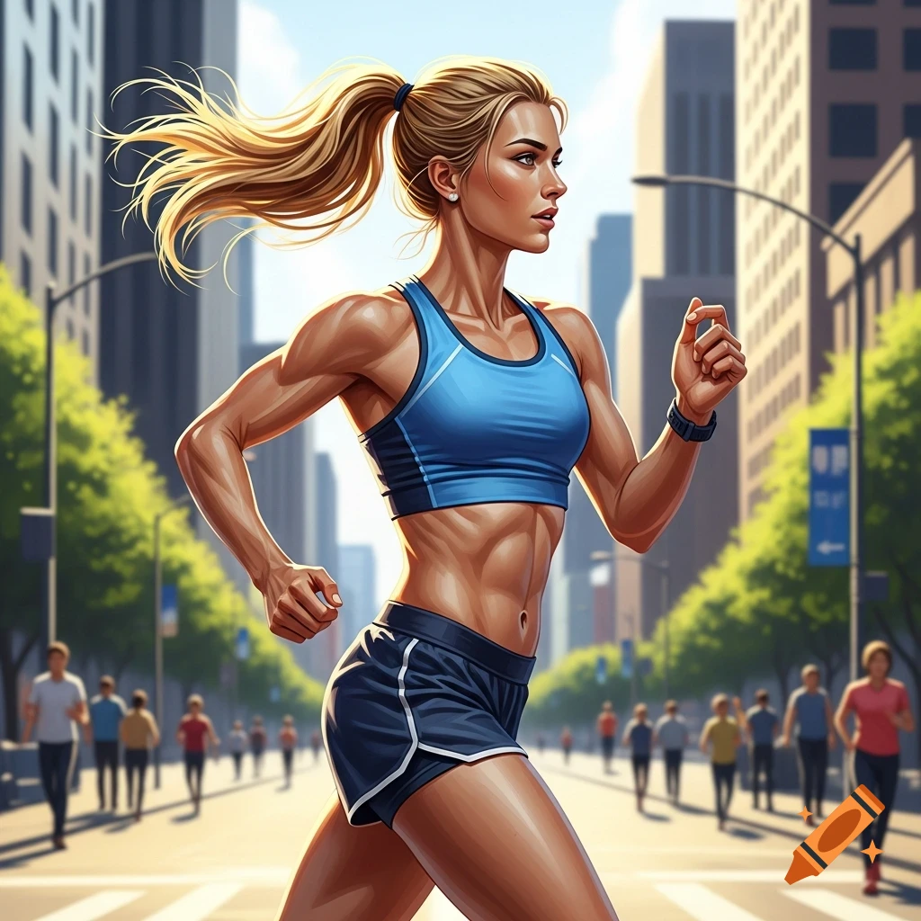 A muscular blonde woman in a blue sports bra and shorts jogs on a city street, surrounded by buildings and other people.