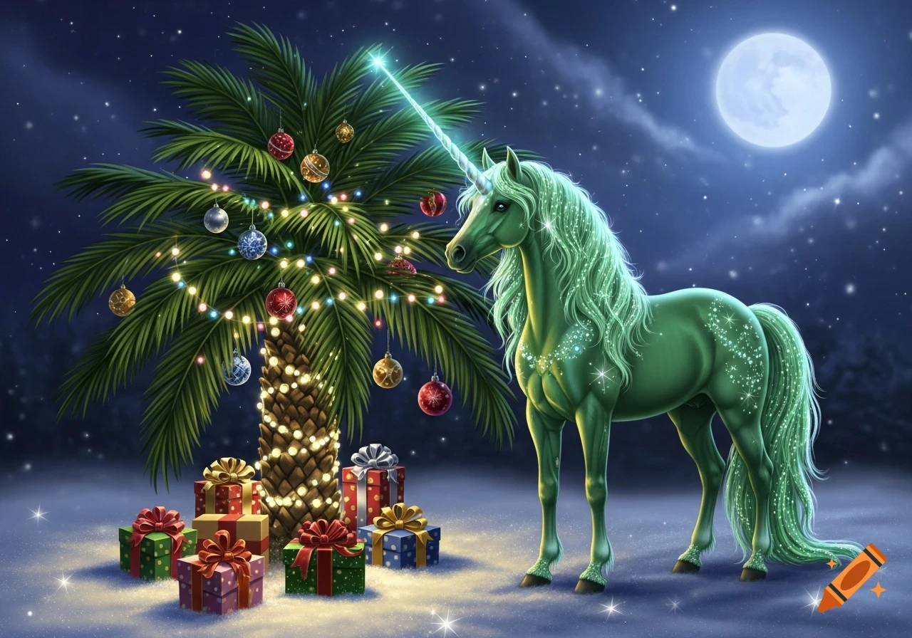 A glowing green unicorn stands by a Christmas-decorated palm tree with presents under a starry night sky and full moon.