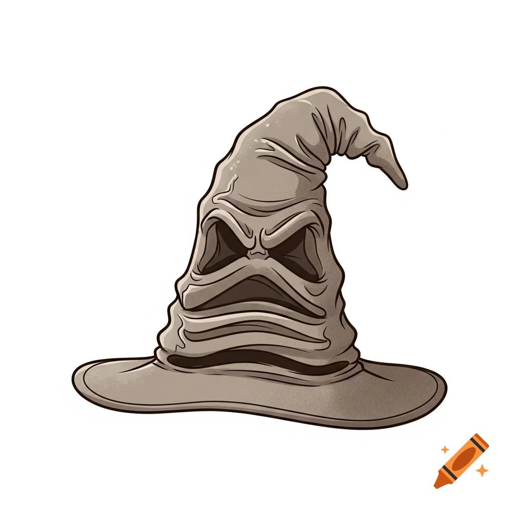Cartoon illustration of a gray, wrinkled Sorting Hat from Harry Potter with a grumpy, expressive face.