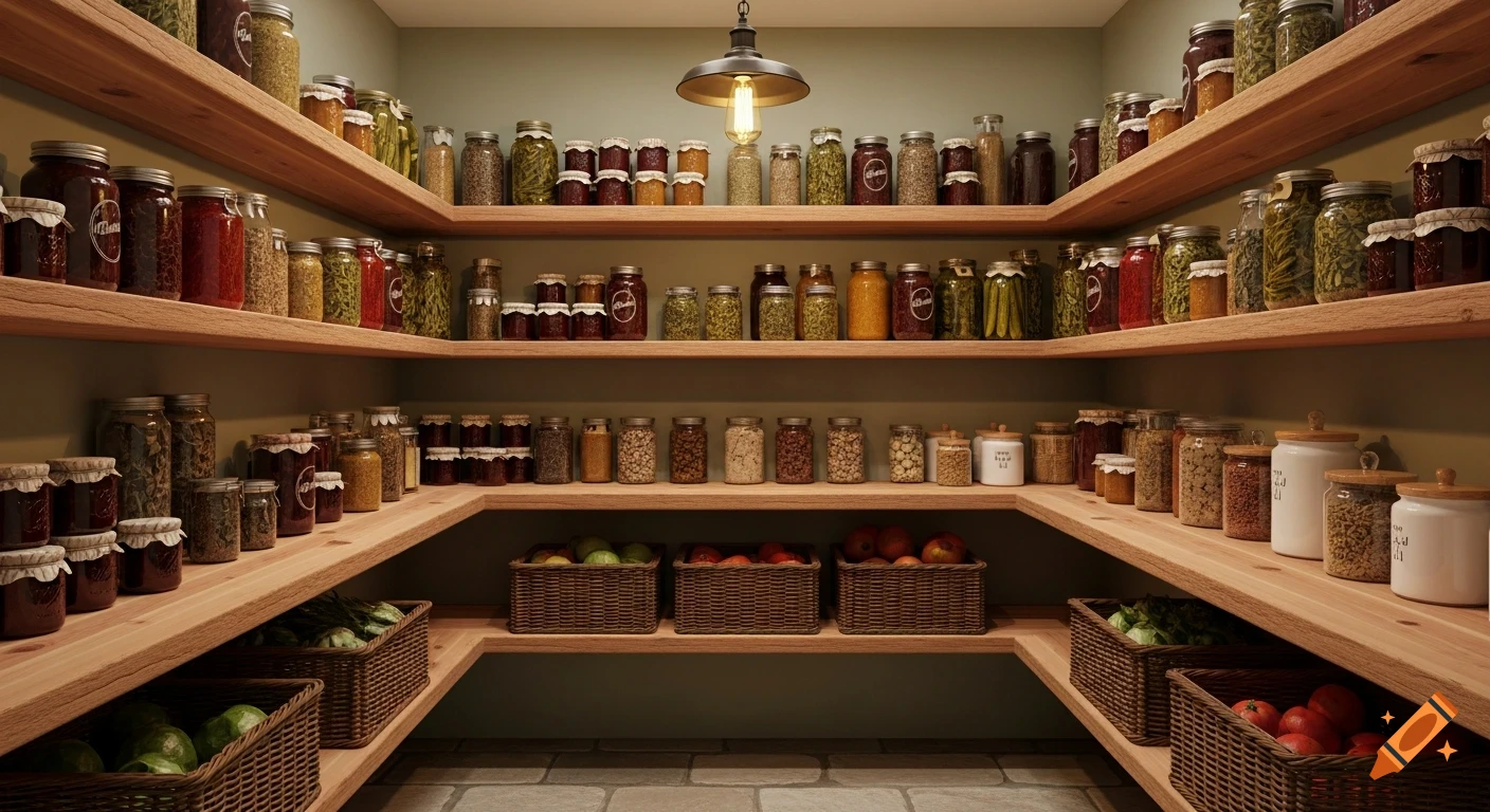 A well-stocked pantry features rows of wooden shelves filled with various jars of food, baskets of produce, and a single light fixture illuminating the space.