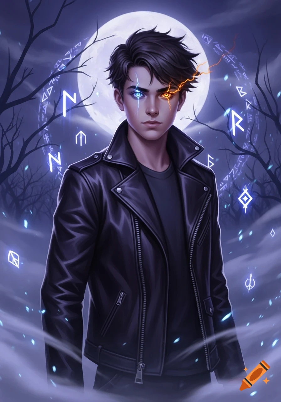 A stylized portrait of a teenage boy with dark hair and a leather jacket, featuring one blue and one orange glowing eye, with glowing rune-like symbols in a cloudy, full moon night sky.