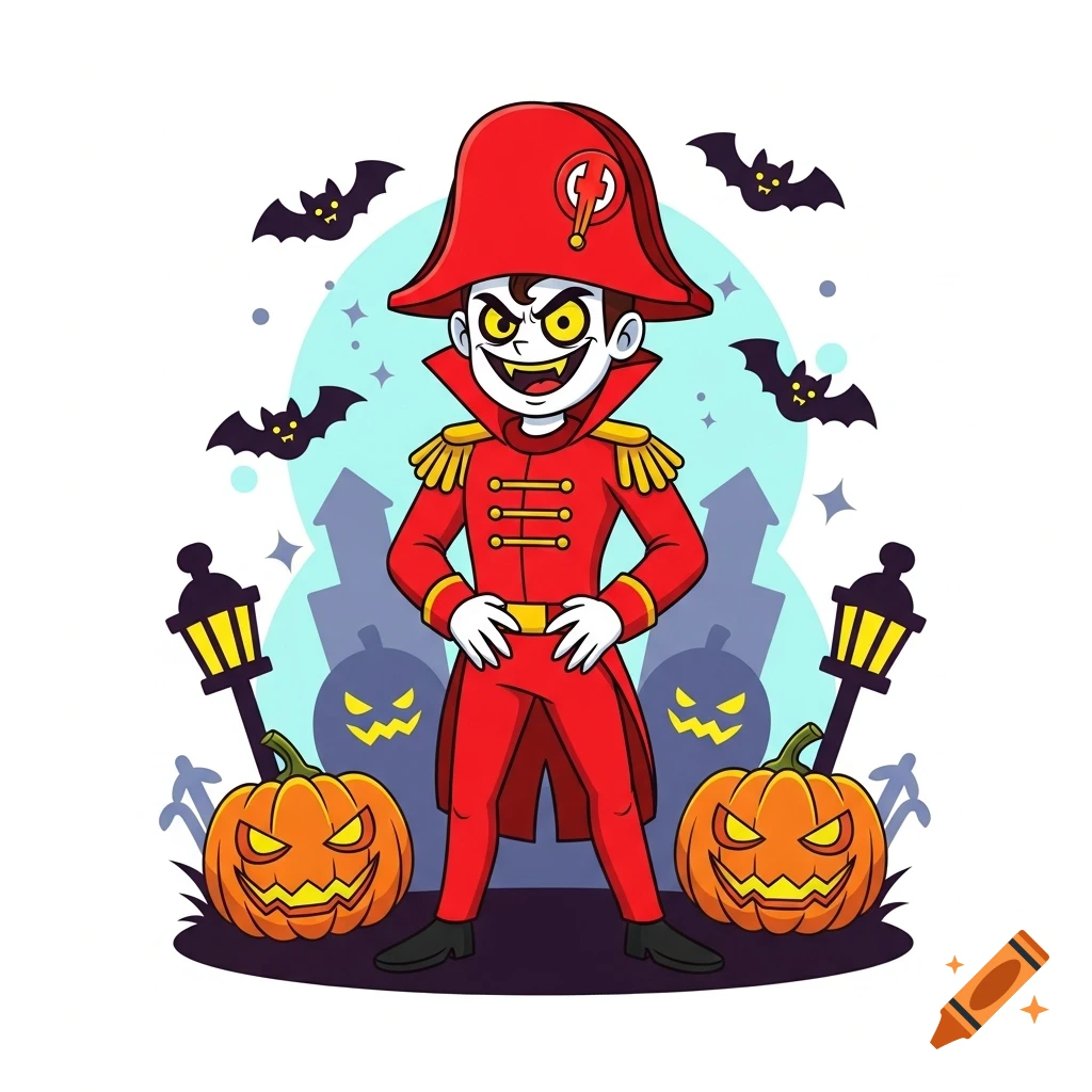 Cartoon vampire character in a red military uniform with a bicorne hat, surrounded by bats, street lamps, and jack-o'-lanterns.