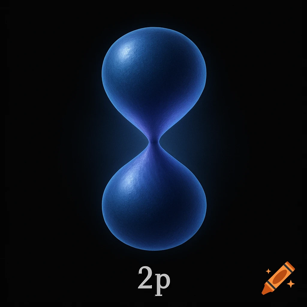 A glowing blue 2p atomic orbital, shaped like an hourglass, on a black background, a scientific illustration.