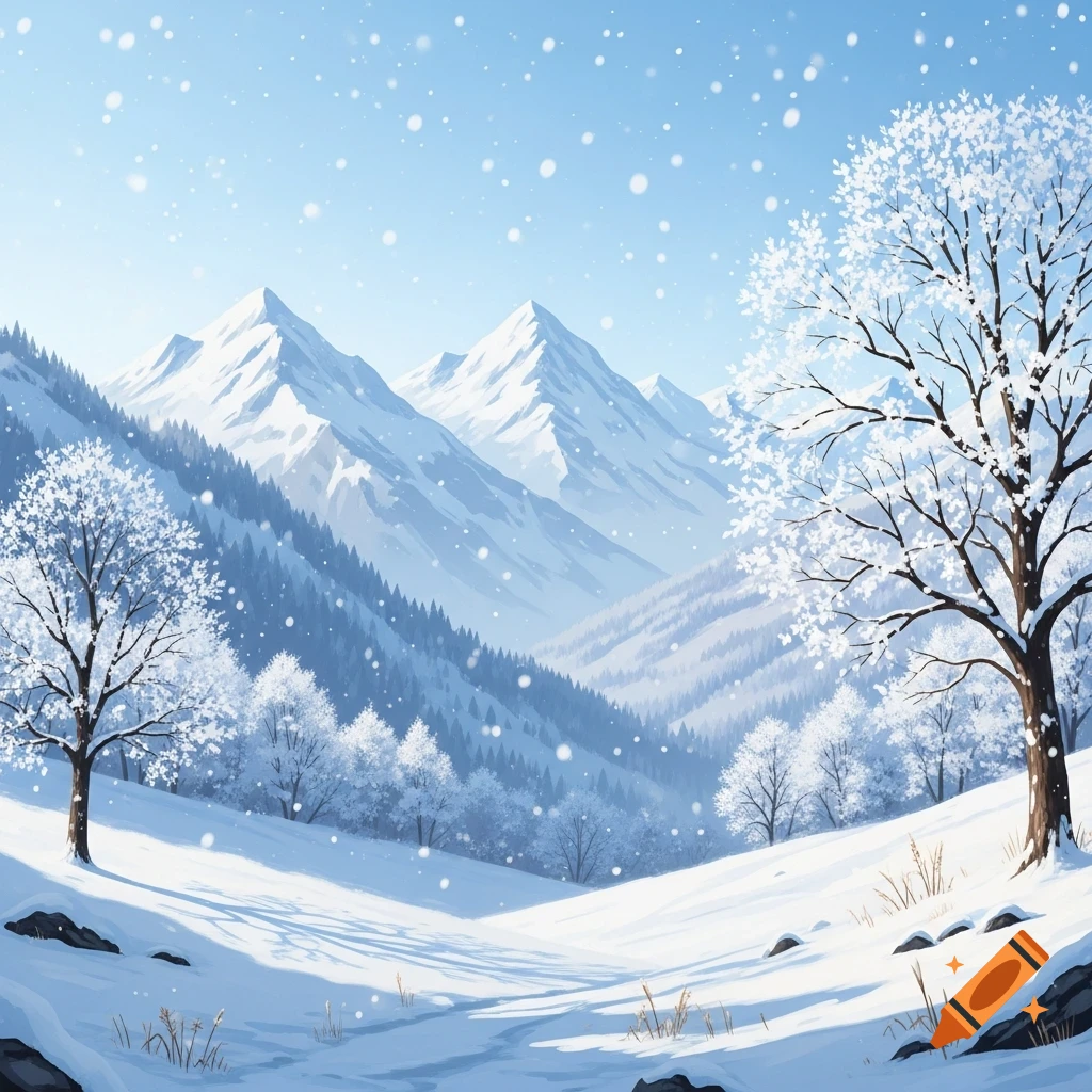 An illustration of a serene winter mountain landscape, with snow-capped peaks, frosted trees, and soft snowflakes falling under a clear blue sky.