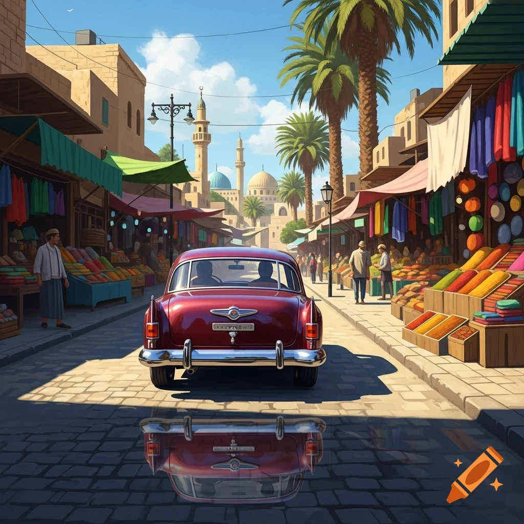 A vintage red car on a cobblestone street in a sunny Middle Eastern market scene with stalls, people, buildings, and palm trees.