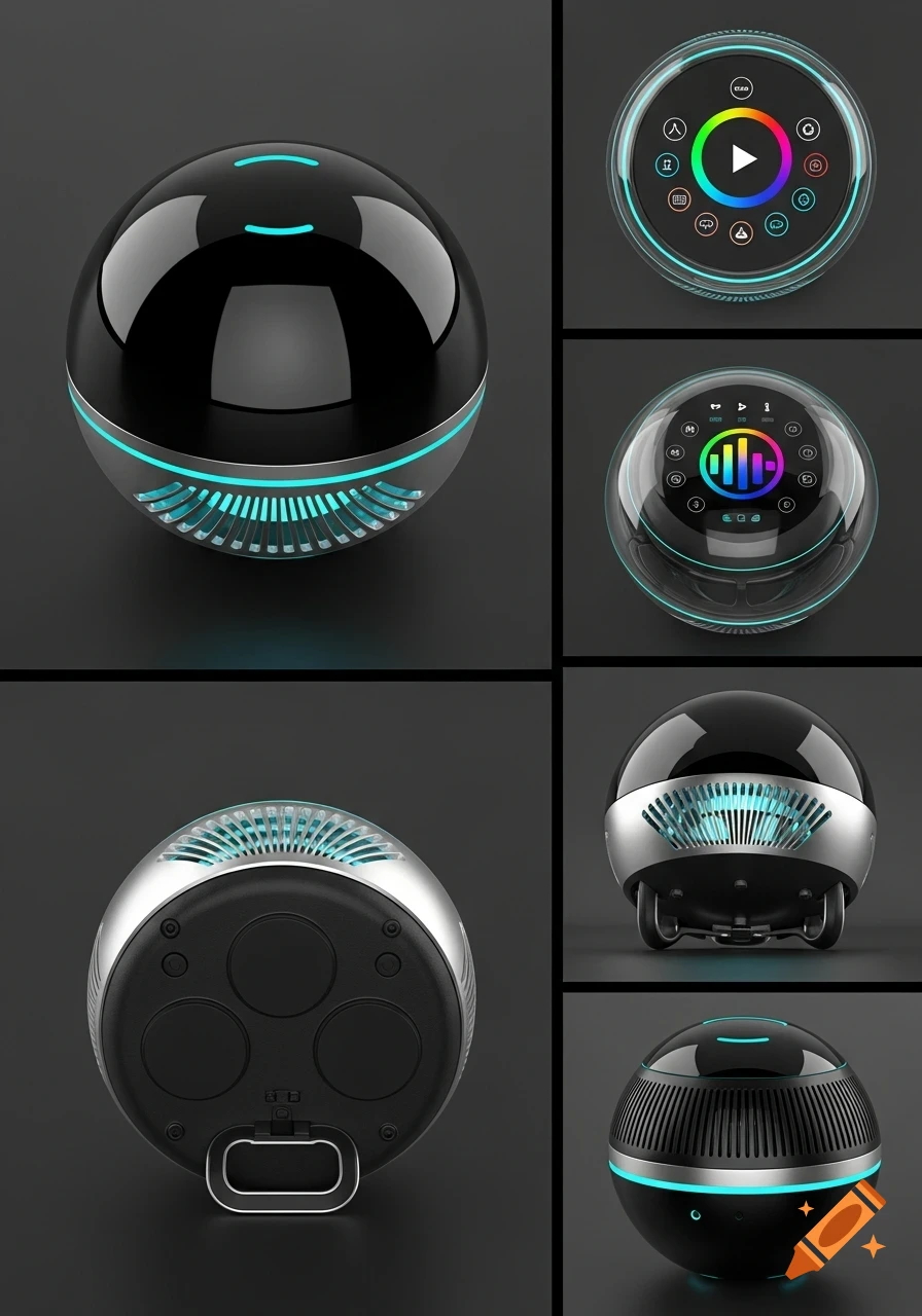 Multiple views of a sleek, spherical black and silver futuristic device with glowing blue lights, featuring control panels with icons.
