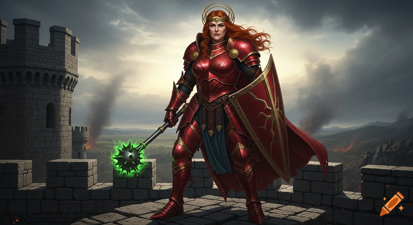 Red-haired female warrior in scarlet full plate armor with a glowing green mace and shield on a castle battlement overlooking a burning battlefield.